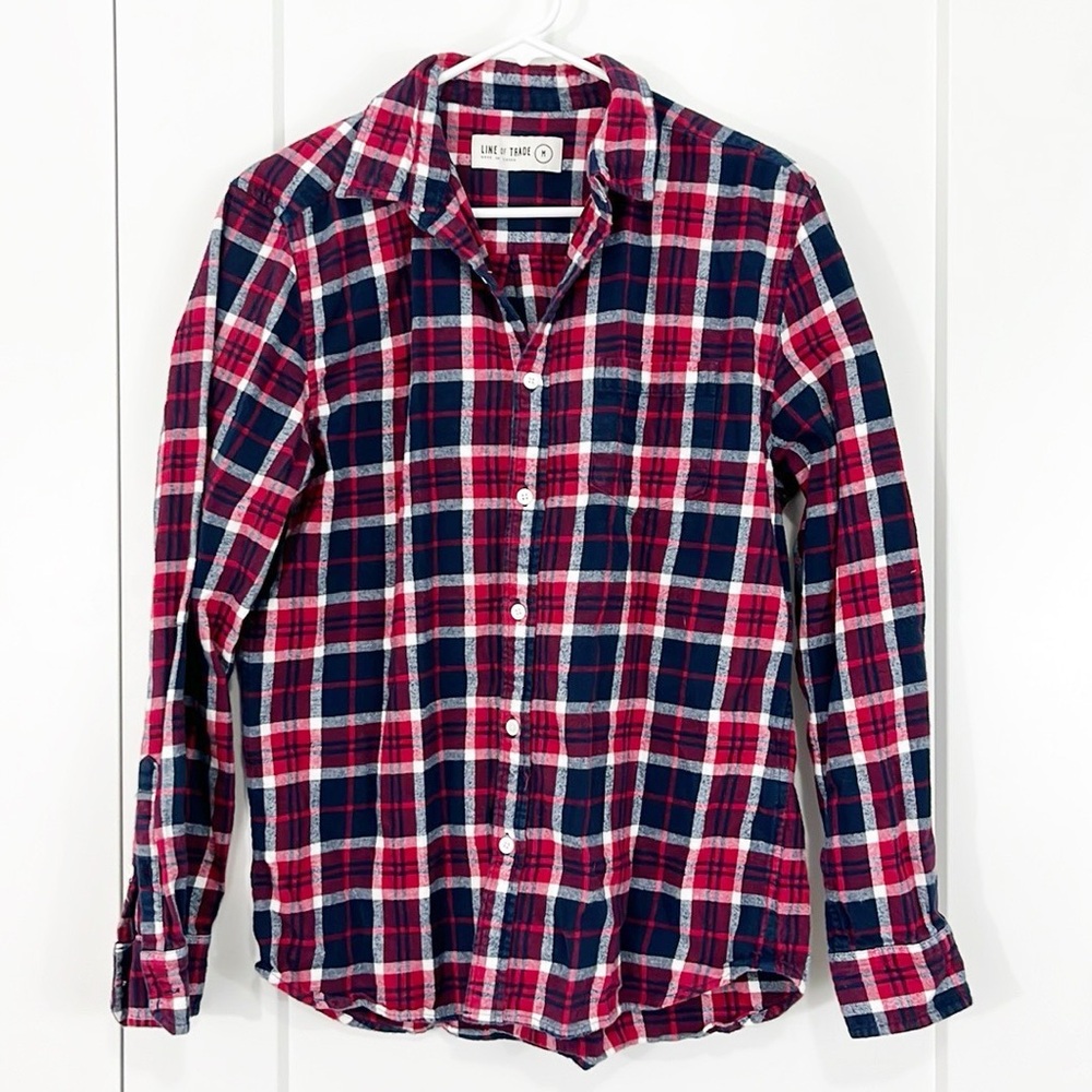 Line of Trade Medium Blue, Red Plaid Button Down Collared Long Sleeve Shirt